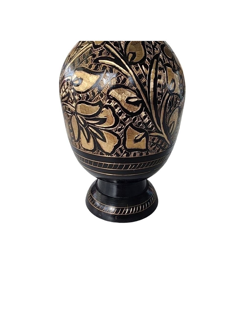 Vintage Indian Brass bud vase etched gold black floral design - Picture 8 of 15
